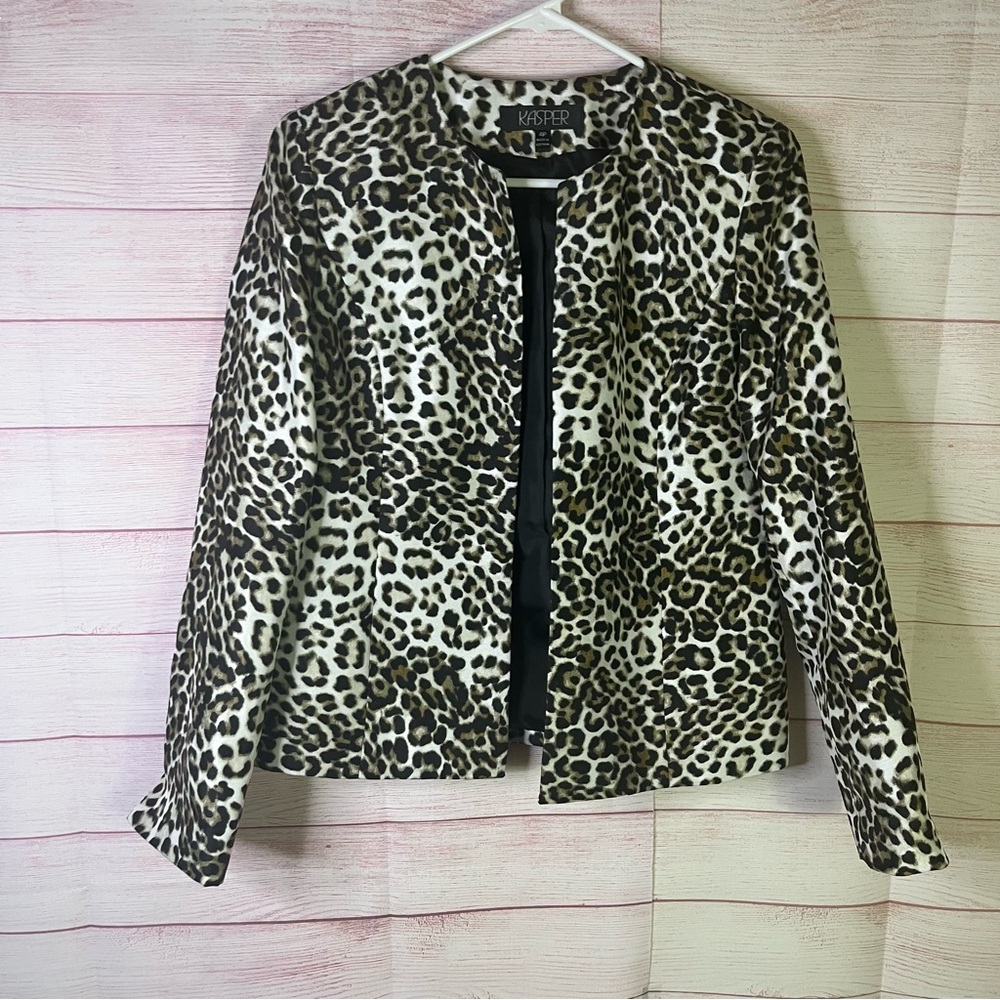 Kasper Open Front‎ Leopard Animal Pint Collarless Blazer Jacket Size 4P